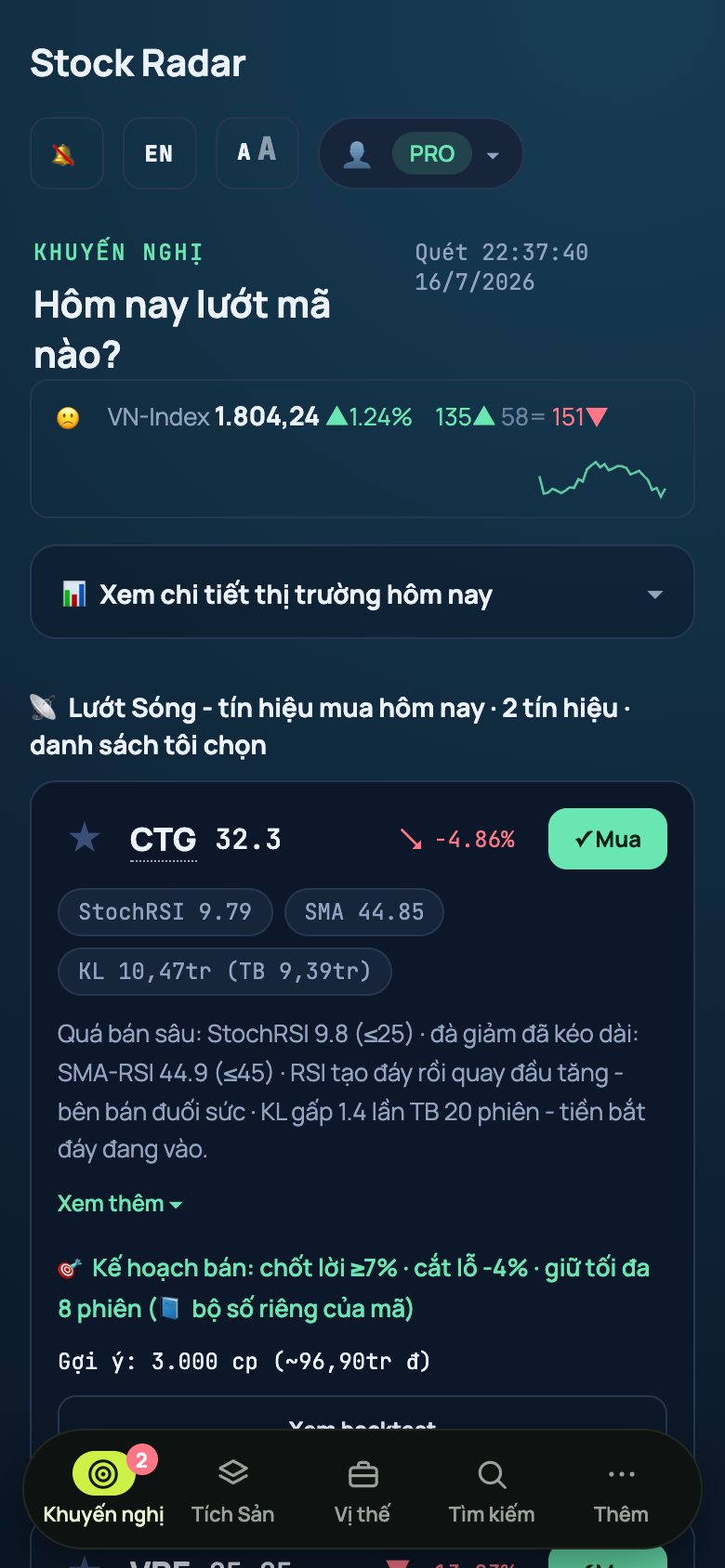 Trang Khuyến nghị - tab Lướt Sóng